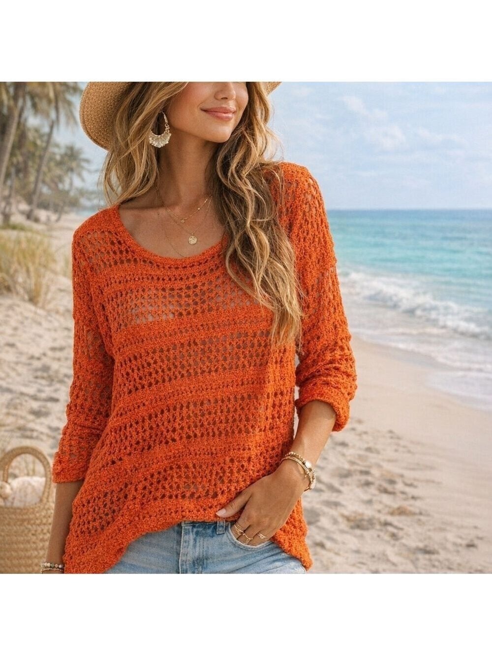 United States Sweaters Rust Orange Open Knit Crochet Pullover Top – Size Small